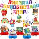Teacher Appreciation Banner Decorations - 15 Pcs Happy Thank You Teachers Day Week Party Supplies Pre-strung Banners Hanging Swirls Honeycomb Centerpieces Decor Set for School Classroom