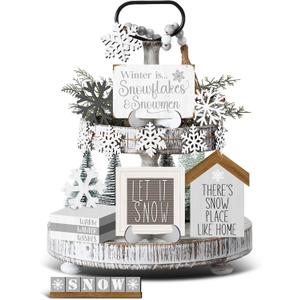 19 Pcs Winter Tiered Tray Decor Snowflakes Wood Rustic Decoration Tiered Sign Table Centerpieces Without Tray for Tabletop Shelf Winter Xmas Home Party Gifts(Farmhouse)