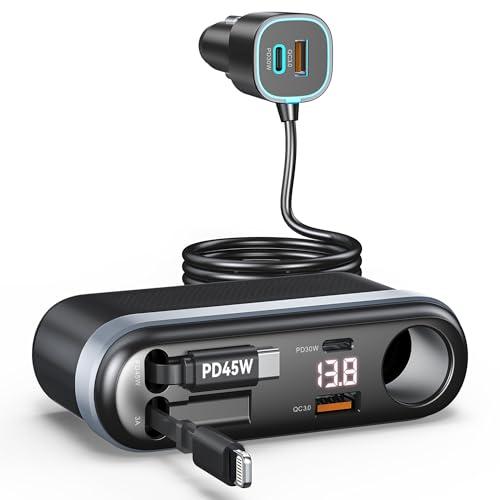7-in-1 295W Cigarette Lighter Splitter, Cigarette Lighter Adapter with Retractable 45W USB-C/30W Lightning Cables, Car Charger Adapter with LED Voltage Display,5FT Extension Cord for All Car Devices