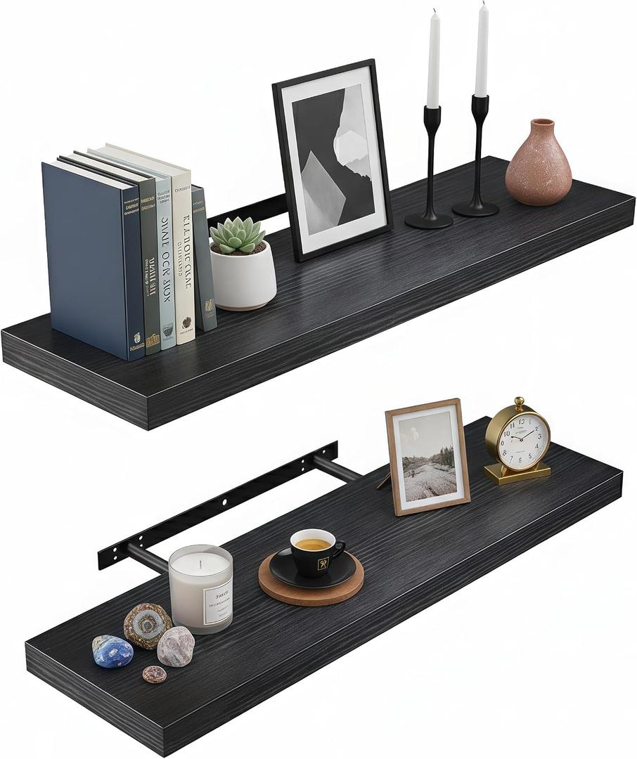 Lufia Floating Wall Shelves, Set of 2, MDF with Invisible Brackets, Modern Storage for Bedroom, Bathroom, Living Room, Kitchen (Black, 24" W x 7" D x 1.5" H (2 Pieces))