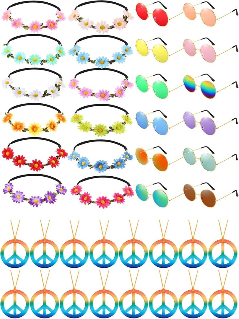 MTLEE 36 Pieces Hippie Costume Accessory Set for 60s 70s with Peace Sign Necklaces, Daisy Sunflower Headbands and Retro Round Sunglasses for Hippie Party Supplies