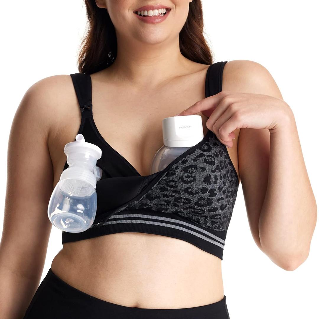 Momcozy Seamless Pumping Bra Hands Free, Fixed Padding Hands-Free Pumping & Nursing Bra, Wireless Comfort Pumping Bra Leopard Black (Medium)