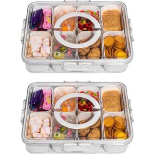 Divided Snack Serving Tray with Lid and Handle Travel Snackle Charcuterie Container Portable Storage Organizer for Candy, Fruits, Nuts, Snacks, Party, Picnic 2 Packs White
