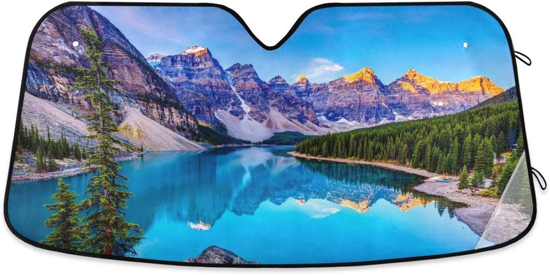 Blue Water And Mountains Windshield Sun Shade, Foldable Car Sunshade Reflect and Protect Your Vehicle from UV Rays Sun and Heat, Fits for Cars Trucks SUV (55*27.6inch)