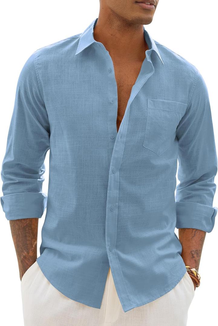 Alimens & Gentle Linen Shirts for Men Long Sleeve Casual Cotton Button Down Shirts Summer Beach Wedding Tops with Pocket Grey Blue Medium