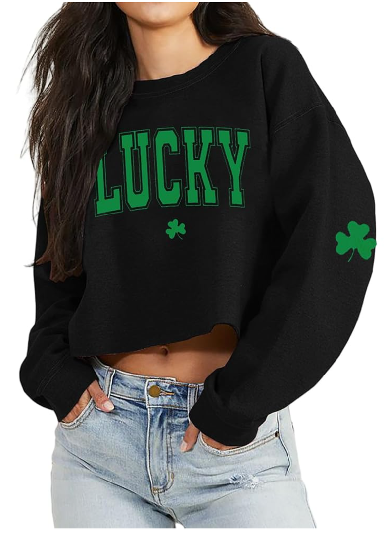 St Patrick's Day Crop Tops for Women Irish Shamrock Graphic Shirt Funny Lucky Clover Long Sleeve T-Shirt Tops, Small