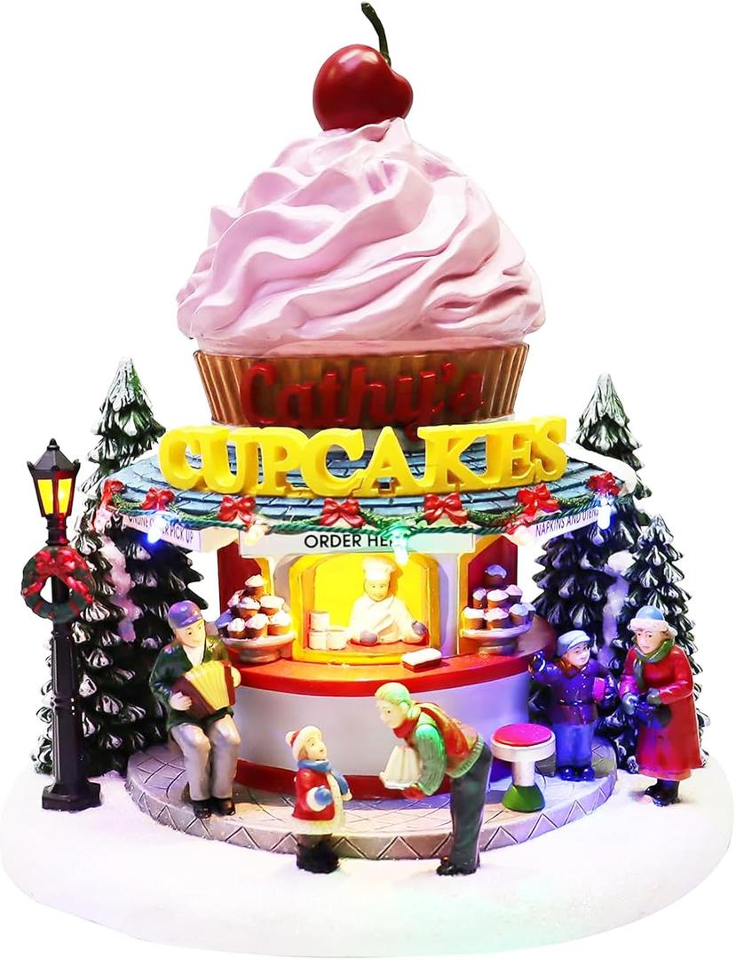 MOMENTS IN TIME Cupcake Shop Christmas Village LED Lighted Bakery Scene with Christmas Music Battery Operated Holiday Decoration for Tabletop Display Cupcake Shop with LED Lights and Music Pink
