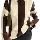 Saodimallsu Womens Turtleneck Sweater Color Block Striped Oversized Sweaters Winter Casual Trendy Pullover Tops Coffee