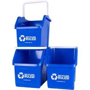 Recycling Rules! 6 Gallon Stackable Recycling Bin Container in Blue, Eco-Friendly BPA-Free Handy Recycler with Handle, 3-Pack