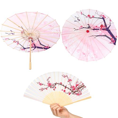 Xuniea 2 Pcs Cherry Blossom Decor Set Including 22 Inches Chinese Japanese Oiled Paper Umbrella and 8.3 Inches Foldable Handheld Silk Folding Hand Fan for Wedding Birthday Party Favor Decoration