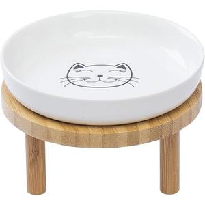 Lusifaco Shallow Elevated Cat Bowls,5.9 Inch Wide Raised Ceramic Cat Dishes with Bamboo Stand, Whisker Friendly Pet Water or Food Plates Feeding Station for Indoor Cats, Kitten(White,Set of 1)