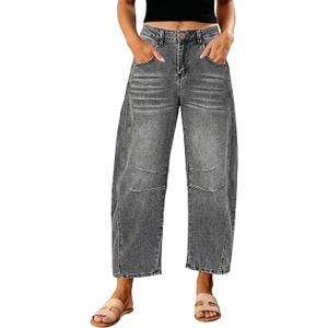 GRAPENT Barrel Jeans for Women Trendy High Waisted Wide Leg Baggy Cropped Relax Fit Stretch Denim Trouser Ankle Pants , XL