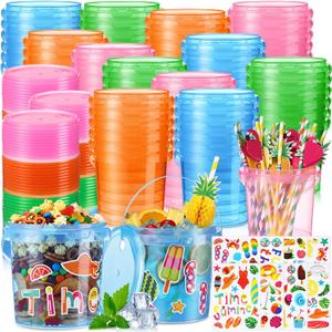 60 Pcs 32 oz Drink Buckets with Lids and Handles Neon Plastic