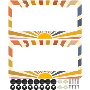 2Pcs Rainbow Groovy Retro Hippie Sun License Plate Frames Cover Holders Stainless Steel Retro License Plate Cover with Screw Caps Cover Set - 2-Hole
