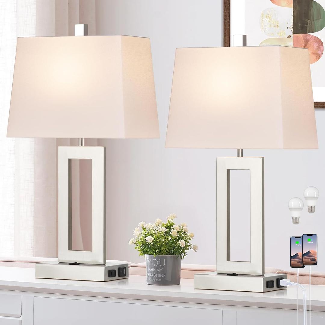 Table Lamp Set of 2 with USB C+A Ports & AC Outlet, Bedside Lamps, Modern Bedroom Lamps, Silver Lamps for Night Stands Bedroom Living Room,Nightstand Lamp