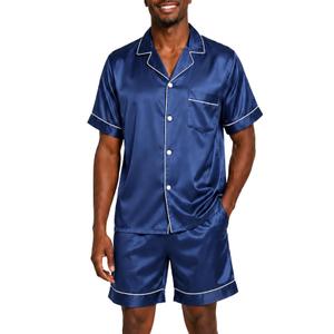 BBO FACTORY Men's Summer Silky Satin Pajama Set 2PC Short Sleeve Button Down Hotel Loungewear Pockets Sleepwear Navy L