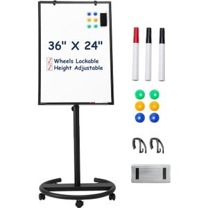 TSJ OFFICE Mobile Whiteboard Standing - 36 X 24 Inches Magnetic Rolling White Board, Height Adjustable Dry Erase Board on Wheels with Flip Chart Hooks, Black