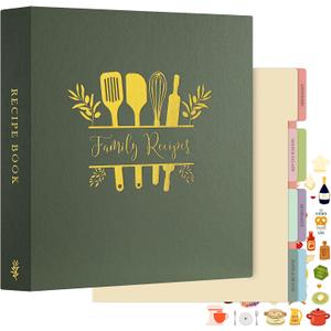 Lanpn Recipe Binder 8.5x11 3 Ring Kit, Waterproof Recipe Book to Write in Your Own Recipes, Blank Organizer Recipe Binder with 60 Plastic Sleeves,116 Recipes, Dividers,Labels & Stickers, Green