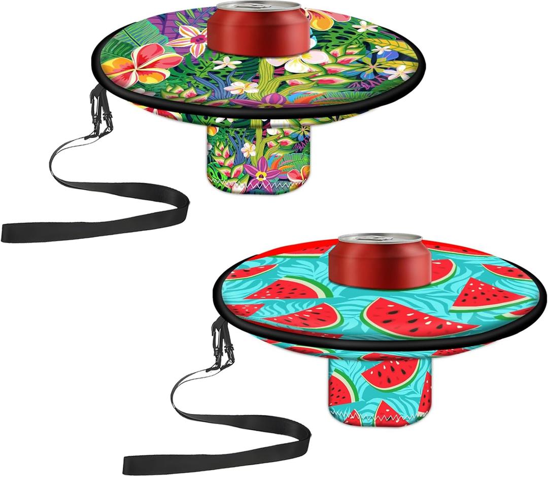 Neoprene Floating Drink Holder Floating Coaster Pool Drink Holder Pool Beer Holder with Rope for Summer Party Tub Lake Boat Water Fun, Medium Size (Tropical Style) 2 Pcs