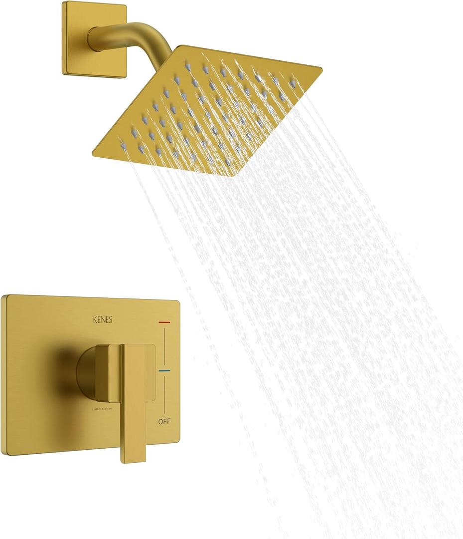 KENES Brushed Gold Shower Faucet, Modern Square 6-Inch Shower Head and Handle Set, Bathroom Rainfall Shower System Wall Mount, KE-6025B-4 (Including Shower Valve)