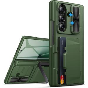 for Samsung Galaxy Z Fold 7 Case Stand with Card Holder & Screen Protector, Built-in Hinge Protection & Slide Lens Cover, Heavy Duty Hard Back Protective Phone Case for Galaxy Z Fold 7, Green