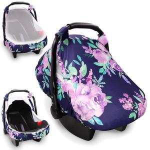 Baby Car Seat Cover, Purple Flower, Infant Carseat Canopy Girls, Summer Cozy Net Cover, Breathable Comfortable, Watercolor Floral