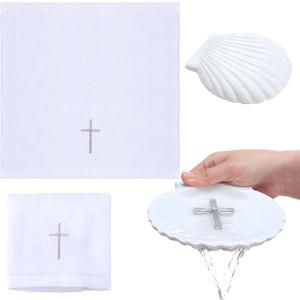 SmoothNovelty Baptism Towel Shell Set for Boys Girls Baptism Towel with Shell Set Baptismal Cloth Christening Towels with Embroidery Cross Baptismal Shells Gifts for Christening Party Favors (Silver)