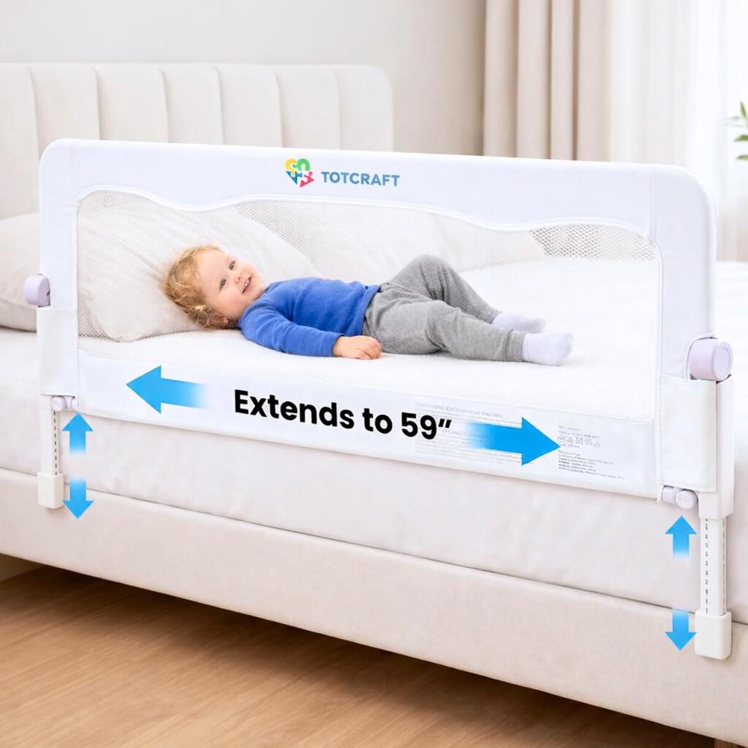 TotCraft Toddler Bed Rail Guard ASTM F3222 Certified – Fits Twin, Full, Queen & King Beds – Universal Fit Bed Rail for Toddlers for Slatted Frames & Box Springs – 35.5"/59" L x 20.5"-25.6" H (White)
