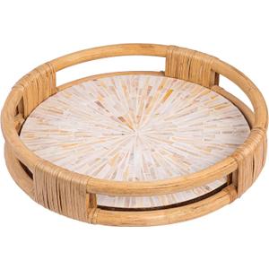 PEMAR 15" Round Serving Tray Mother of Pearl with Natural Rattan Handle Boho Decorative Wicker Basket Tray for Breakfast, Dinner, Coffee Table Decor (White Cream Sunlight)