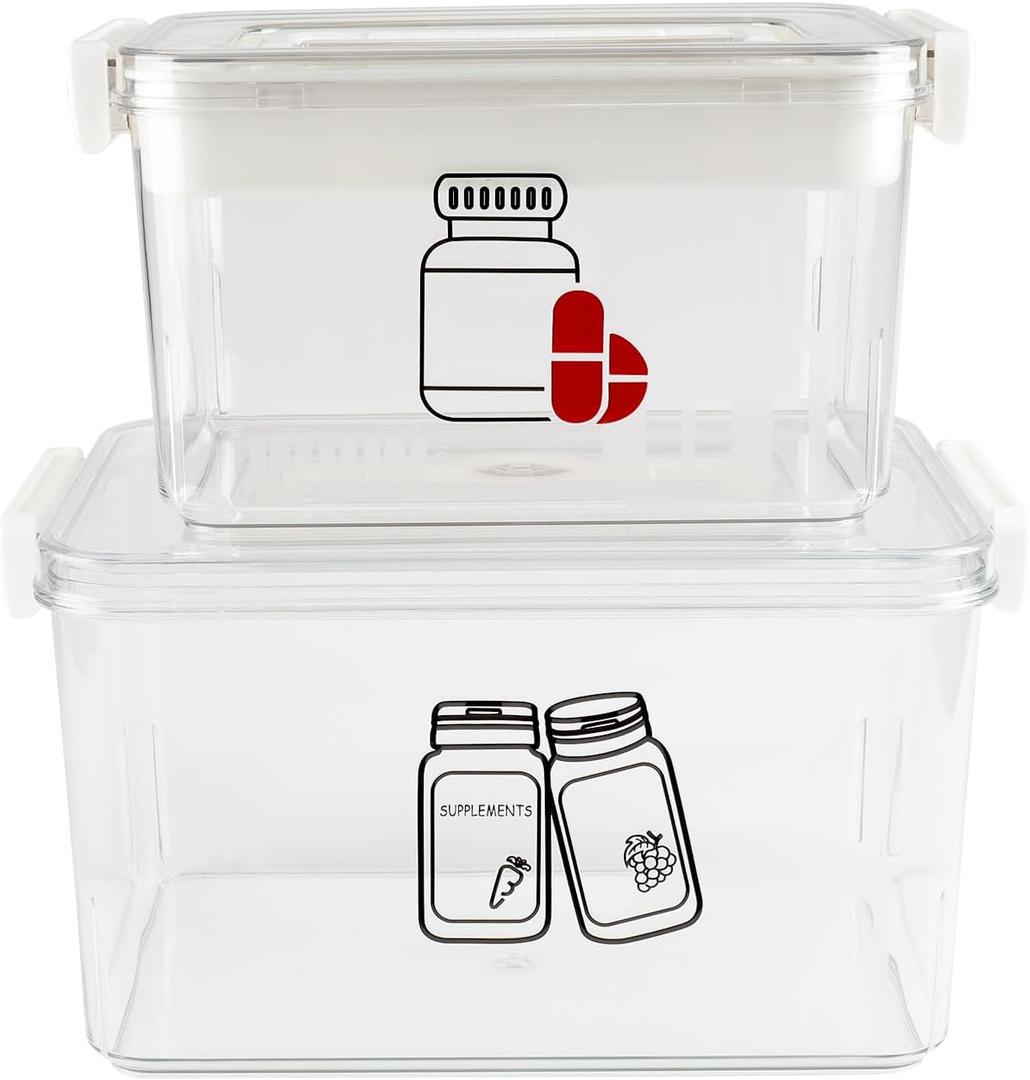 First Aid Box Empty and Vitamin Bottle Organizer Set, Clear Plastic Medical Box with Snap-Off Lid & Handle for Supplements Medicine Storage