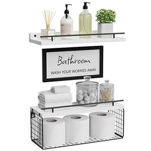 WOPITUES Floating Shelves for Wall Decor Sign, Bathroom Organizer and Storage, Bathroom Shelves Over Toilet with Metal Guardrail-Modern White