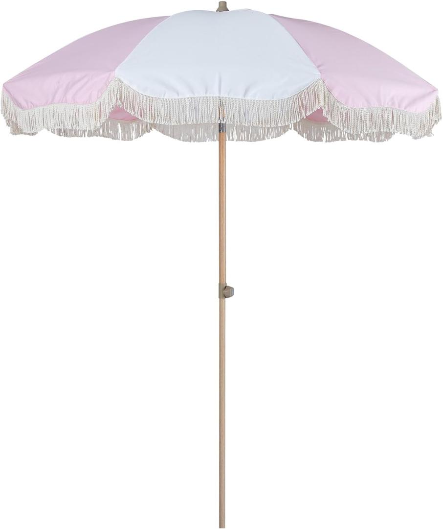 Tempera 7ft Boho Beach & Patio Umbrella with Fringe, Market Umbrellas with UPF 50+ UV & Water-Resistant Canopy, 1.5" Wood Pole & Button Tilt. (Pink White Spliced)