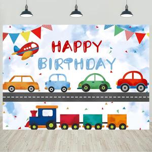 10x8ft Transportation Birthday Backdrop Cartoon Cars Train Boy Birthday Party Photography Background for Kids Boys Birthday Decorations Portraits Banner Photo Studio Props