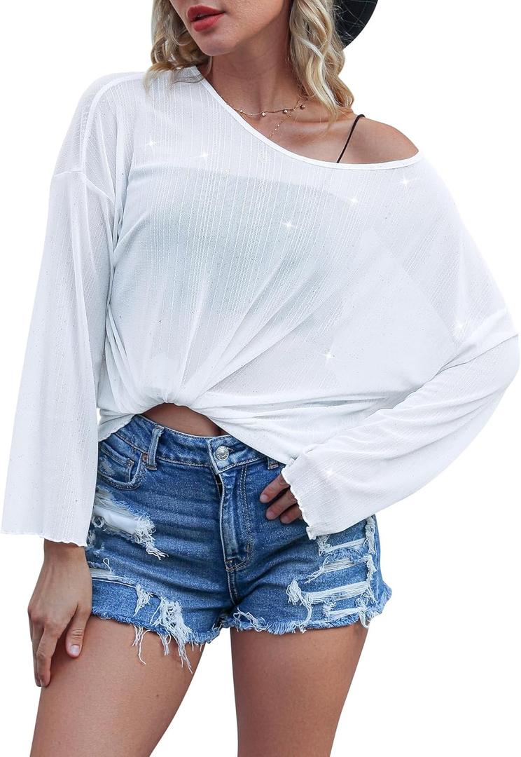 FEMLE Womens Oversized Mesh Sheer Sparkly Top Glitter See Through Tops Tee Shirt Long Sleeve Concert Rave Party Outfits, White(No Cami) S