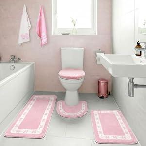 Nuanchu 6 Pcs Pink Bathroom Rugs Set with 2 Ribbon Hand Towels Non Slip U-Shaped Toilet Rug Water Absorption Bath Mat for Spring Bathroom Bedroom Living Room
