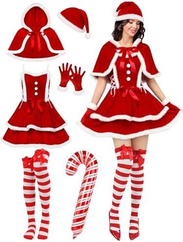 SOMSOC Mrs Santa Claus Costume Christmas Outfits For Women With Cape Santa Halter Dress Socks Balloons Xmas Cosplay, M