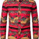 PARKLEES Men's Cotton Linen-Like 70s Disco Retro Traditional Pattern Printed Long Sleeve S