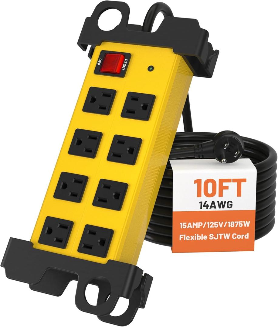 8 Outlet Heavy Duty Power Strip, 2700J Surge Protector with 10FT Extension Cord, Industrial Metal Powerstrip 15Amp, Wall Mount for Garage, Workshop, Home Office, Wide Spaced (10ft)