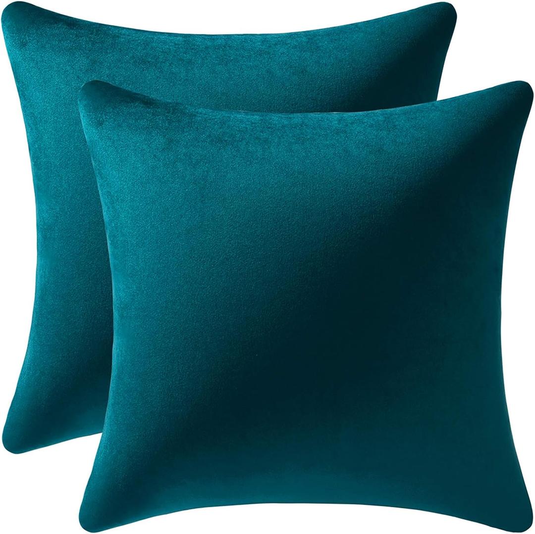 DEZENE Throw Pillow Cases 18x18 Teal: 2 Pack Cozy Soft Velvet Square Decorative Pillow Covers for Farmhouse Home Decor (18" x 18" (Pack of 2))