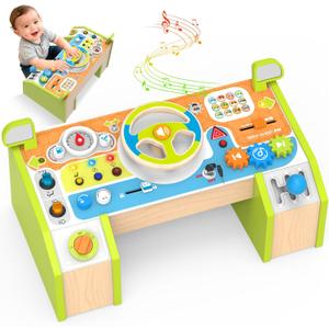 Montessori Car Busy Board for Toddlers, Wooden Sensory Steering Wheel Activity Baby Toy with Lights, Buttons, Gears & Key Start, Kids Interactive Educational Toys for Boys Girls