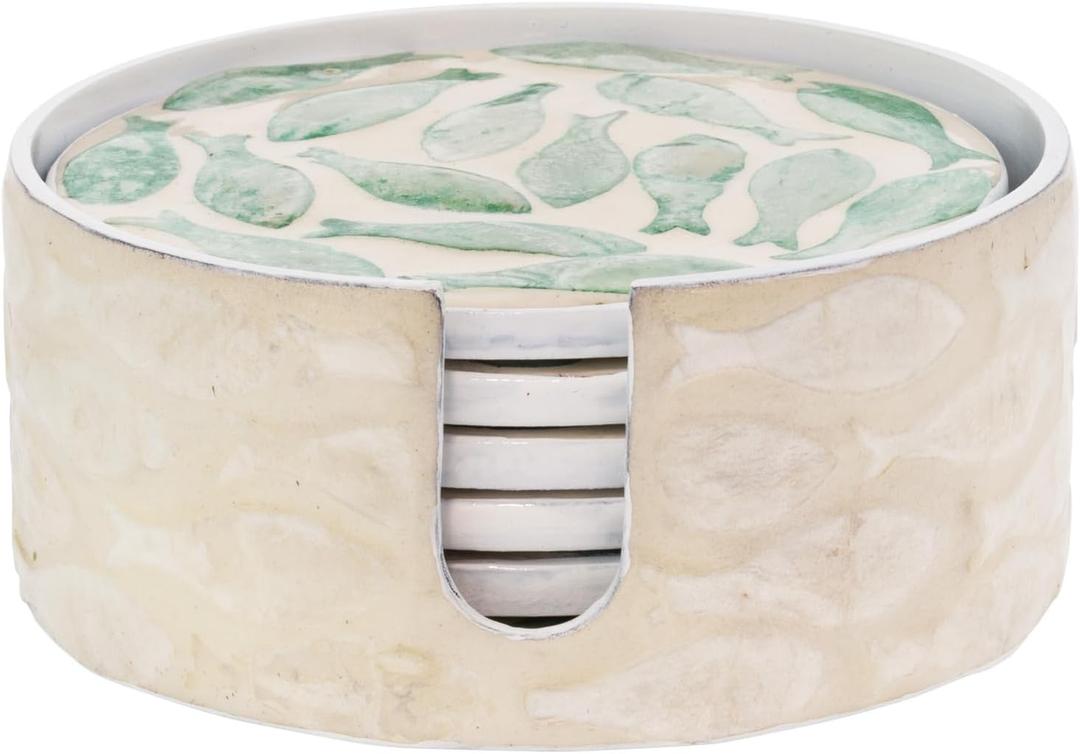 Boston International Mother of Pearl Swirling Fish Coasters in Holder, Set of 6, 4.25" Diameter