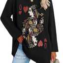 Fazortev Womens Oversized Long Sleeve Queen Of Hearts Graphic T Shirts V Neck Casual Loose Fit Tees Tunic Tops (X-Large, Black)