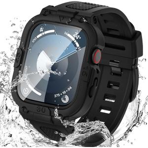 Goton 3 in 1 Waterproof Case and Band with Tempered Glass Screen Protector for Apple Watch Series 10 9 8 7 6 5 4 SE2 SE Ultra 45mm, Bumper Cover for iWatch Accessories (Matte Black)
