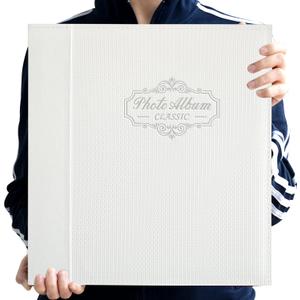 Photo Album Holds 3X5, 4X6, 5X7, 6X8, 8X10 Photos, Leather Cover, Magnetic Self-Stick Page, Handmade DIY Albums (White, Large)