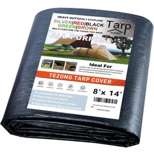 Tarps Heavy Duty Waterproof 8x14ft,TEZONG Black Tarp 12MIL Plastic Tarpaulin Outdoor Tarp Cover for Emergency Rain,Patio Furniture,Wood,Roof,Camping,Car,Pool
