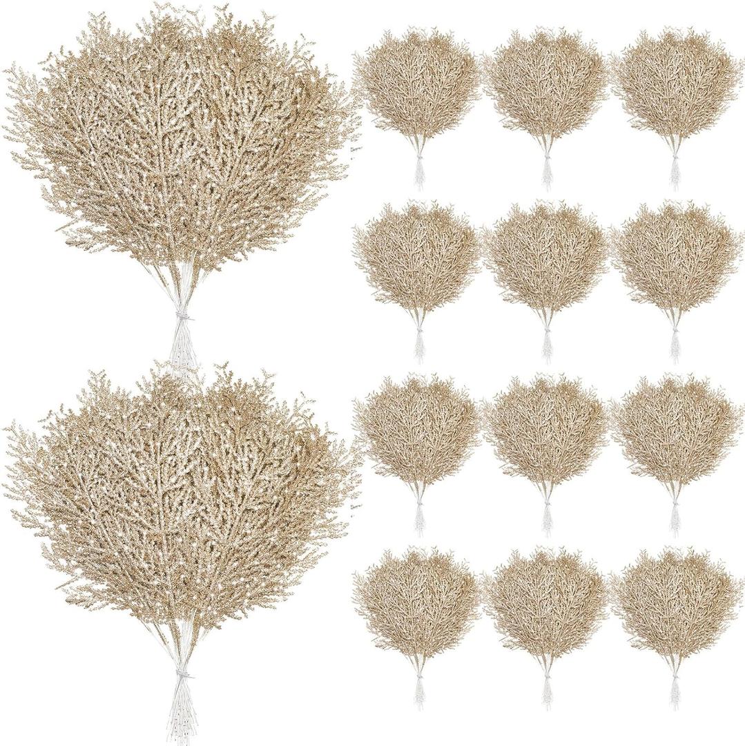 Giegxin 48 PC Christmas Glitter Artificial Pine Needles Pine Tree Twig Picks Branches for Wedding Tree Glittery Stem for Christmas DIY Wreath Garden Embellishing Garland Decoration(Champagne)