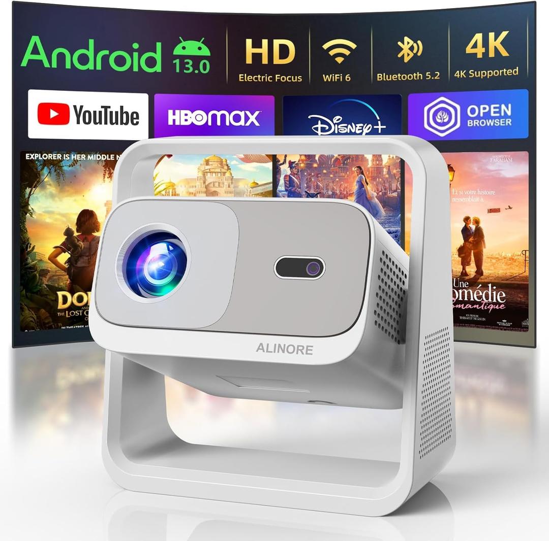 ALINORE Smart Projector with WiFi and Bluetooth, Builtin Apps, Electric Focus & Auto Keystone Portable Outdoor Projecor, Native 1080P Projector 4K Support, Movie Projector for Home Theater, White