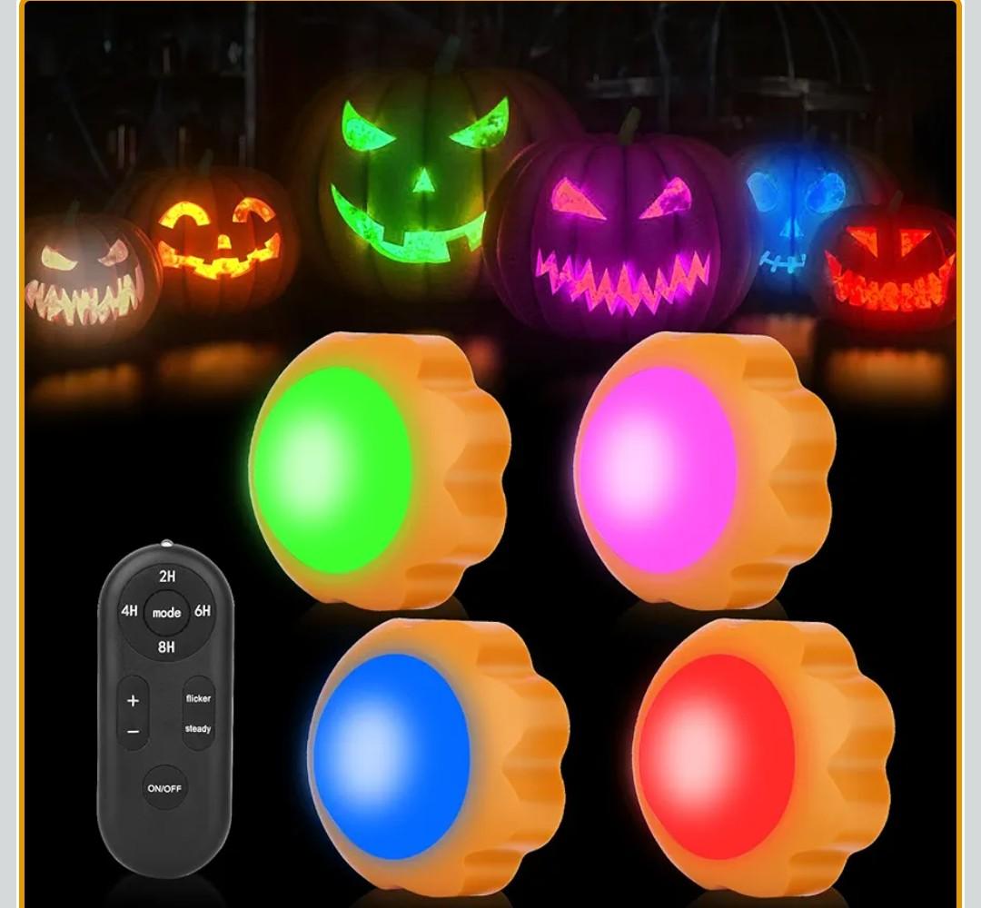 4 Pack Halloween LED Pumpkin Lights Battery Operated, Remote Control Always On/Colorful Candlelight Ambient Light Multi-Function Timing Bedside Light for Bedroom