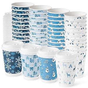 ROYAL BLUEBONNET 48 Blue Winter Wonderland Disposable Coffee Cups with Lids – 12oz Double Walled Insulated Disposable Paper Christmas Coffee Cups To Go, 4 Designs of Cute to Go Coffee Cups with Lids