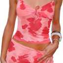 OZICERD Two Piece Sheer Mesh Mini Skirt Sets for Women 2 Piece Skirt Set Going out Tops Skort Set Summer Rave Outfit Y2k Suit (Medium, Pink)